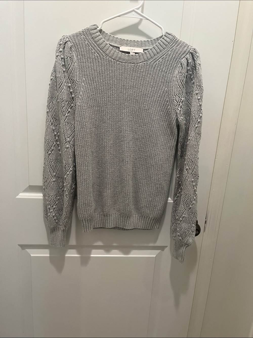 LOFT Gray Cable Knit Crewneck Sweater